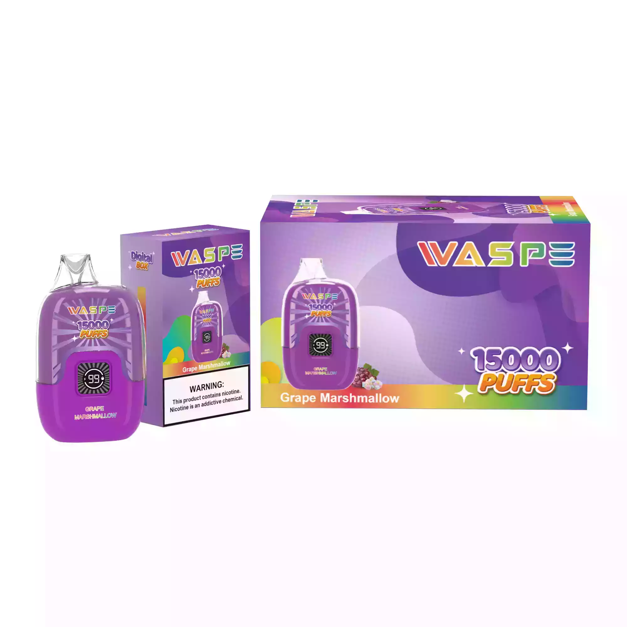 Waspe 15000 Puffs Digital Box Disposable Vape 22mL E-Liquid 650mAh Battery Mesh Coil 0% 2% 3% 5% Nicotine