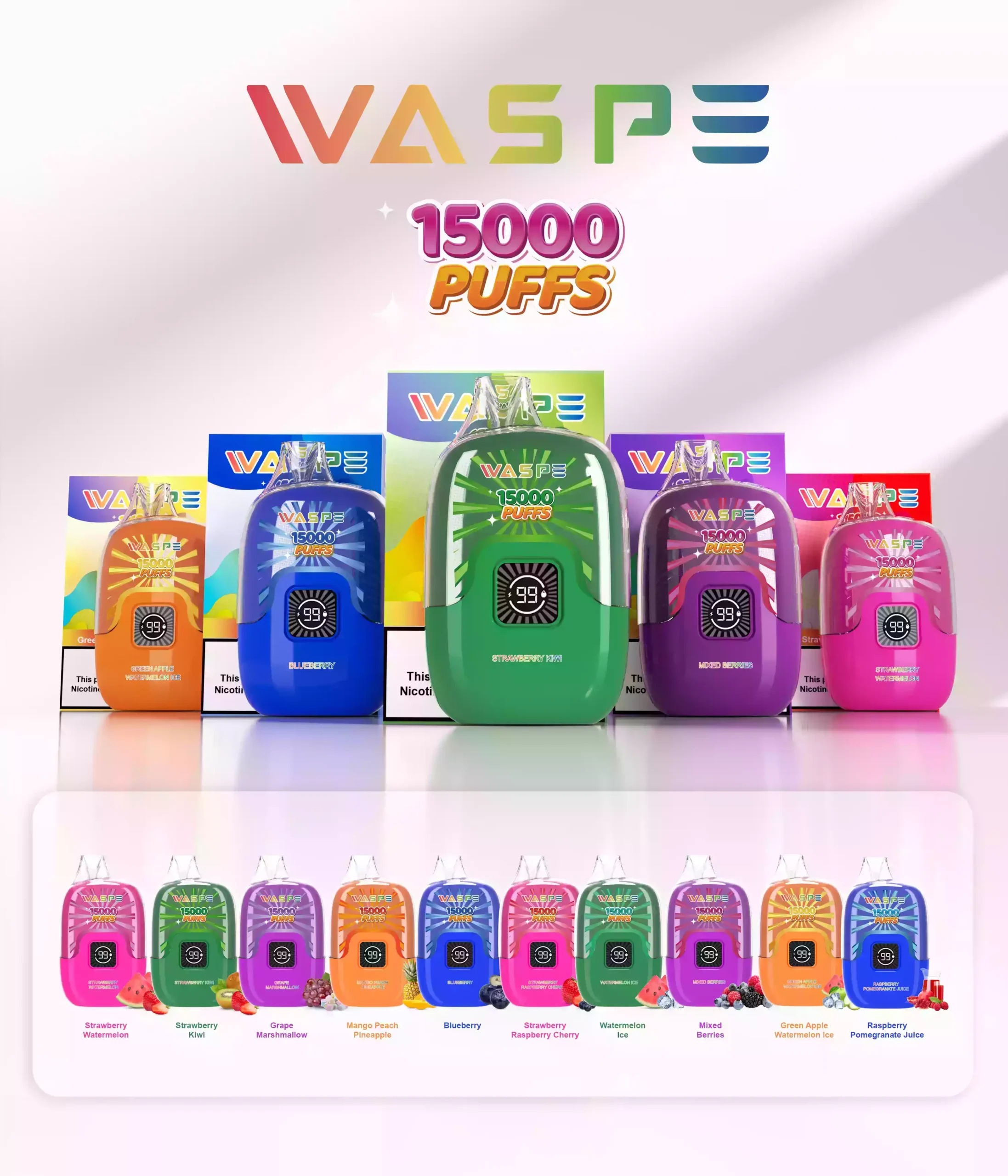 Waspe 15000 Puffs Digital Box Disposable Vape 22mL E-Liquid 650mAh Battery Mesh Coil 0% 2% 3% 5% Nicotine